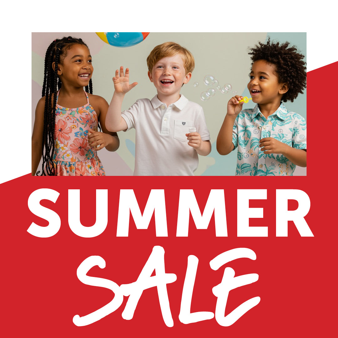 Three children with a 'Summer Sale' text overlay on a red background