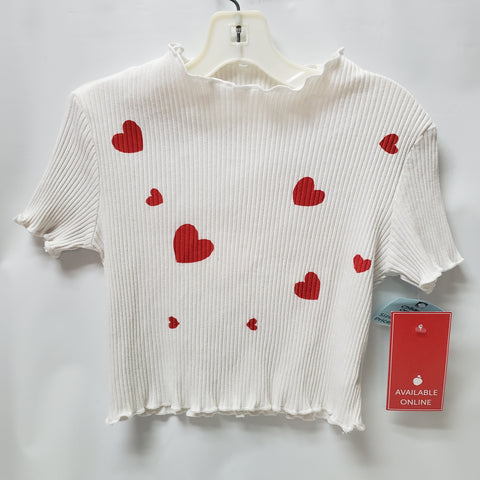 White Short Sleeve Shirt with Hearts   Size 8